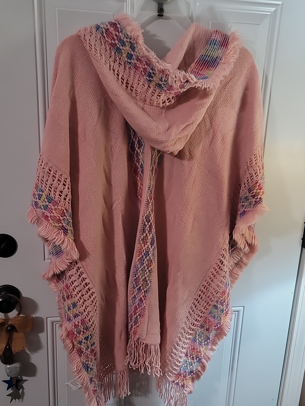 Pink Fringe Boho Knit Shawl Hoodie with Multicolor Trim - Picture 7 of 8